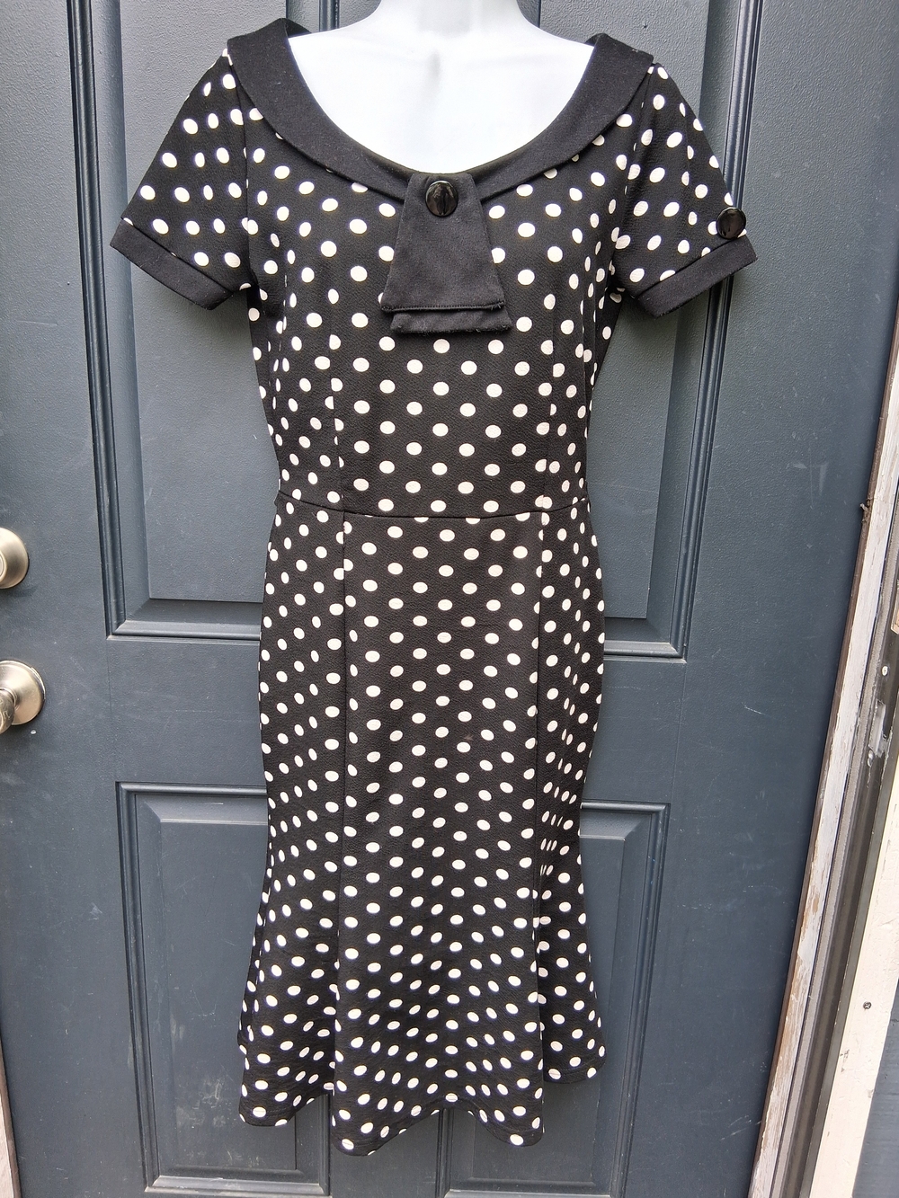 Classic Black & White Polka Dot Midi Dress with Sailor Collar